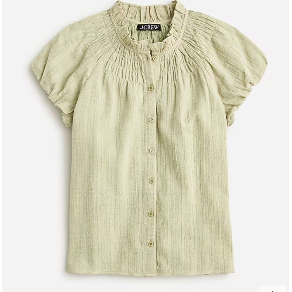 J.Crew Smocked-Neck Top Women's Size Small Pale Surplus Puff Sleeves Button Up